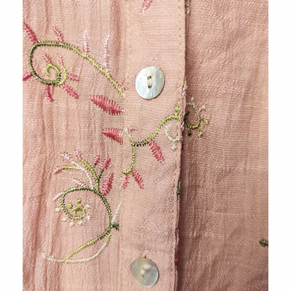 Anthropologie Fig and Flower Embroidered Tunic Blouse Roll Tab Button Front Pink - Picture 13 of 14